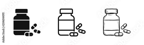 Obraz na płótnie Medicine Bottle and Pills Icons - Healthcare Pharmacy Symbol Set in Solid, Line,