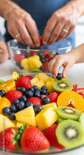 Colorful fruit skewers with yogurt dip on plate.