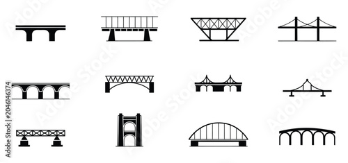 Set of 12 bridge silhouette icons and architectural symbols