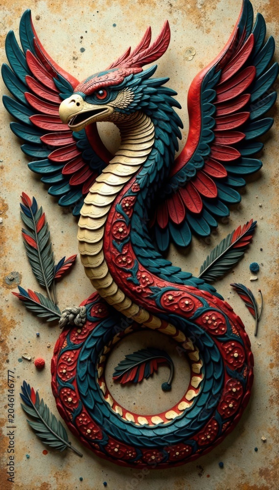 Fototapeta premium Stylized serpent & eagle feathers, ancient Aztec , wallpaper, art, culture