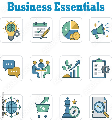 Quadro su tela A collection of flat design business essentials and financial icons, including c