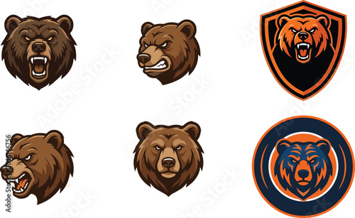 Foto Angry Grizzly Bear Mascot Logo Icon Set with Aggressive Wild Animal Badges and S