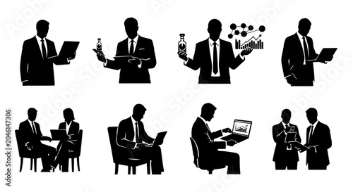 Business people silhouettes set with laptops and data charts