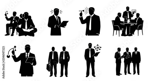 Business people silhouettes set with icons for office and leadership