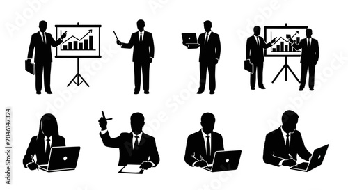 Business People Silhouettes Set with Laptops and Presentations