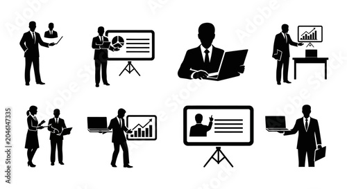 Business people silhouettes set with presentations and laptops