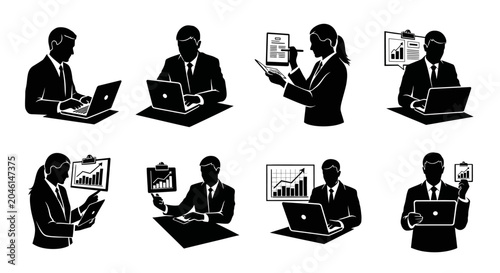 Business People Silhouettes Using Laptops and Analyzing Charts