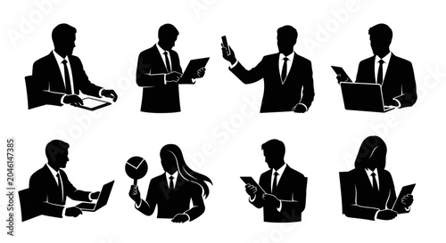 Business people silhouettes with digital devices and charts
