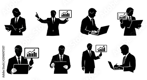 Business people silhouettes with financial charts and digital devices