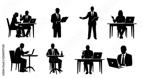 Business People Silhouettes Working and Meeting in Office Setting