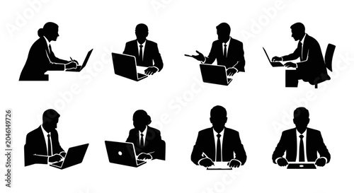 Business People Silhouettes Working on Laptops and Writing