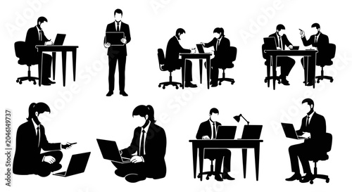 Business People Silhouettes Working on Laptops in Office Set