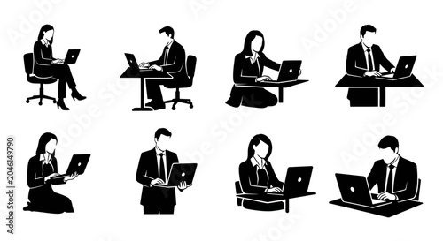 Business People Silhouettes Working on Laptops Set