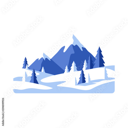 Fotografie Snowy Mountain Range with Trees.