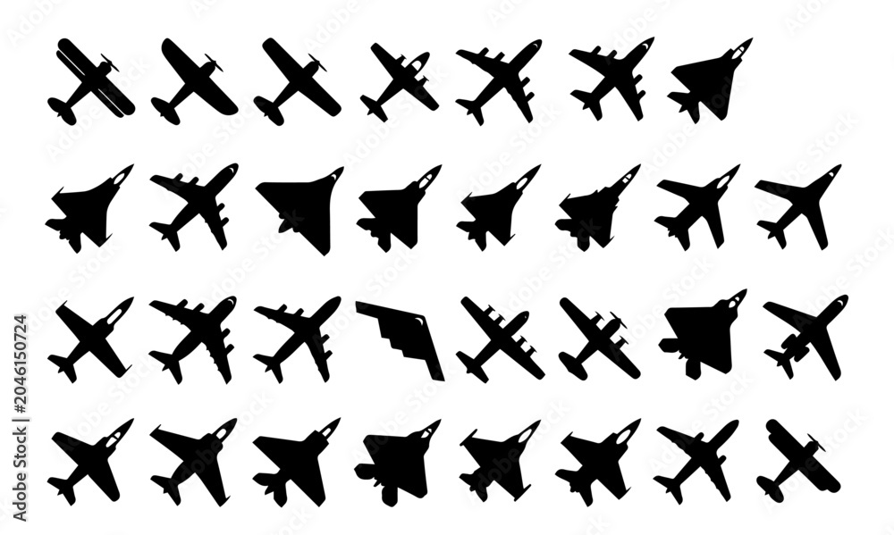 Fototapeta premium Airplane and military jet silhouettes top view icons vector set.