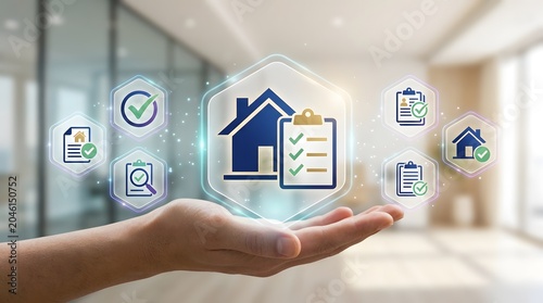 Hand holding hexagonal holographic real estate dashboard with property approval checklist inspection and home verification icons representing proptech solutions