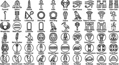 Fotografía Collection of black outline ancient Egyptian symbols and architectural elements,
