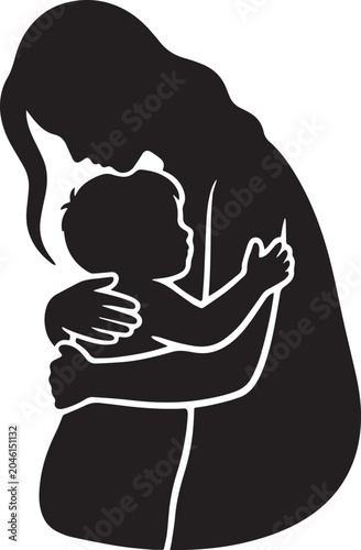 Loving Mother Hugging Child Silhouette Vector Illustration