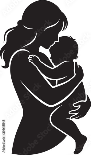 Loving Mother Hugging Child Silhouette Vector Illustration