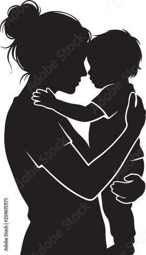 Loving Mother Hugging Child Silhouette Vector Illustration