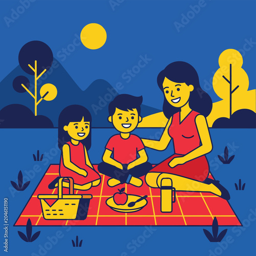 Happy Family Picnic Outdoor Vector Illustration