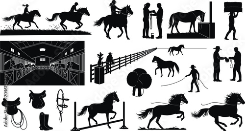 Tableau sur toile Black silhouette vector bundle of horseback riding, horse care, stable managemen