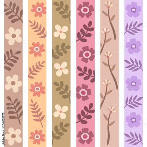 Pastel Floral Washi Tape Strips Collection with Cute Botanical Patterns 