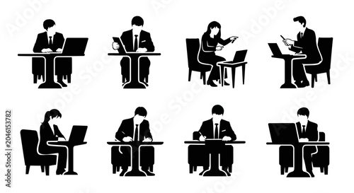 Business people working at desks, professional silhouettes collection