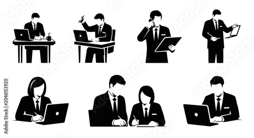 Business people working in office, black and white silhouettes
