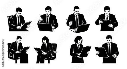 Business people working in office, black and white silhouettes