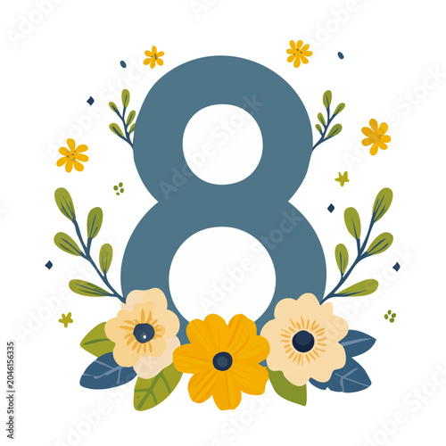 Number 8 decorated with flowers and leaves