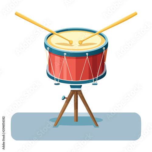 Red drum with drumsticks on a stand, flat design