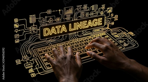 Hands typing on a futuristic keyboard with DATA LINEAGE displayed, illustrating data management.