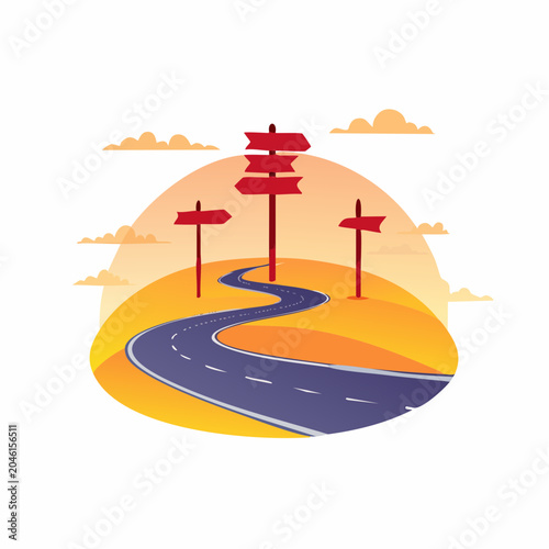 Winding road with multiple direction signposts at crossroads