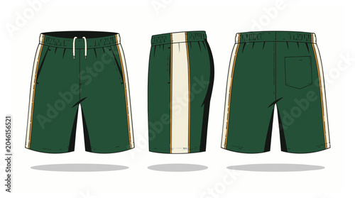 Green athletic shorts with yellow stripes.