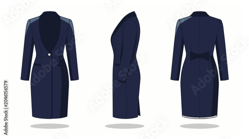 Navy blue women's dress illustrations.