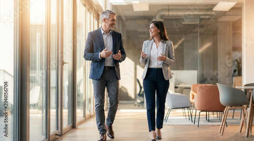 office mentorship coaching mentor mentee walking career guidance leadership support senior executive and young professional walk through bright corridor discussing goals progress and next