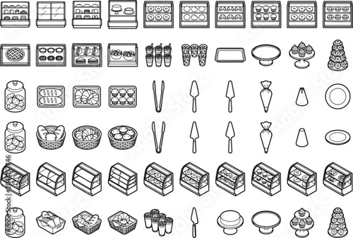 A collection of isometric icons representing various bakery and confectionery items, including cakes, pastries, displays, and serving utensils, designed for graphic and web use.