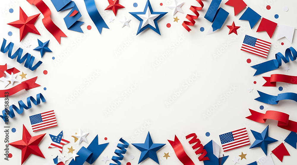 Obraz premium Festive red, white, and blue patriotic decorations forming a celebratory frame on a clean white background, ideal for national holiday designs and event promotions