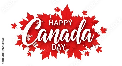 Canada day celebration graphic festive red maple leaves and calligraphy text