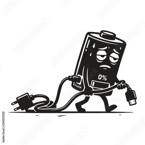 Fotografie Exhausted battery character holding unplugged power cable with exhausted