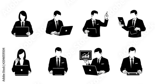 Business People Working with Technology, Professional Silhouettes Set