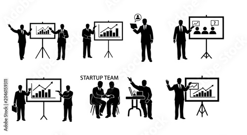 Business presentation silhouettes with graphs and charts