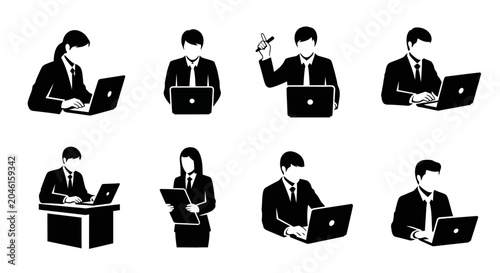 Business professional silhouette set with laptops, office productivity