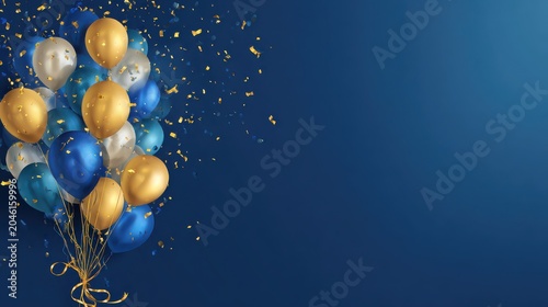 Festive blue and gold balloons floating against deep navy background with golden confetti.