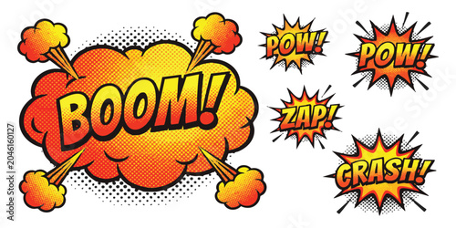 Foto Set of colorful comic book explosion speech bubbles with sound effects like boom