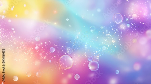 Magical floating bubbles and sparkling dust particles over pastel iridescent background sky.