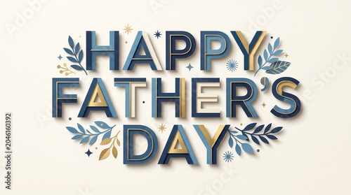 Happy Father's Day lettering with elegant floral and foliage accents on a neutral background, celebrating paternal love and family bonds