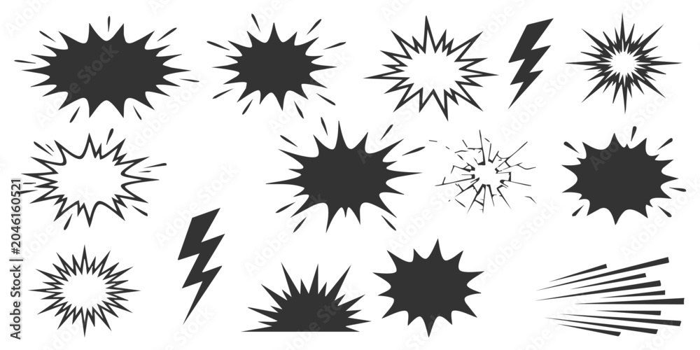 Obraz premium Set of comic book explosion shapes and speech bubbles with lightning bolts and speed lines for graphic design