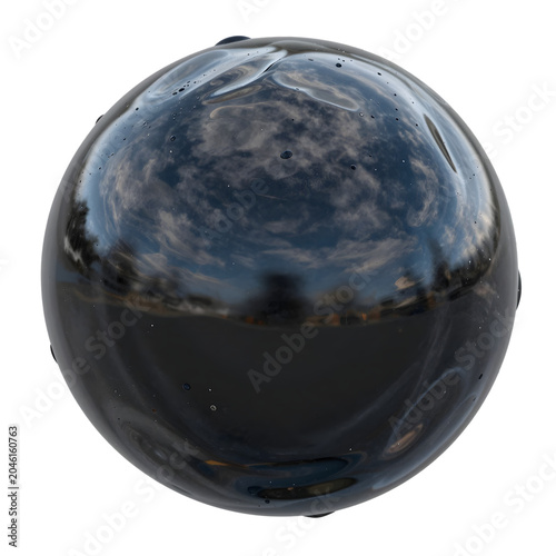 A captivating dark sphere with a highly polished, reflective surface mirroring a dramatic cloudy sky, creating an intriguing abstract and mysterious visual
